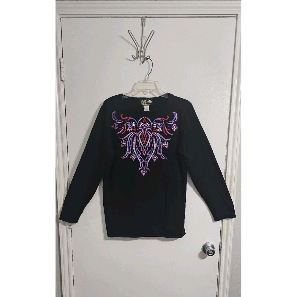 VTG Bob Mackie Wearable Art Knit Top Embroidered Preppy Vibrant Artsy Retro Chic